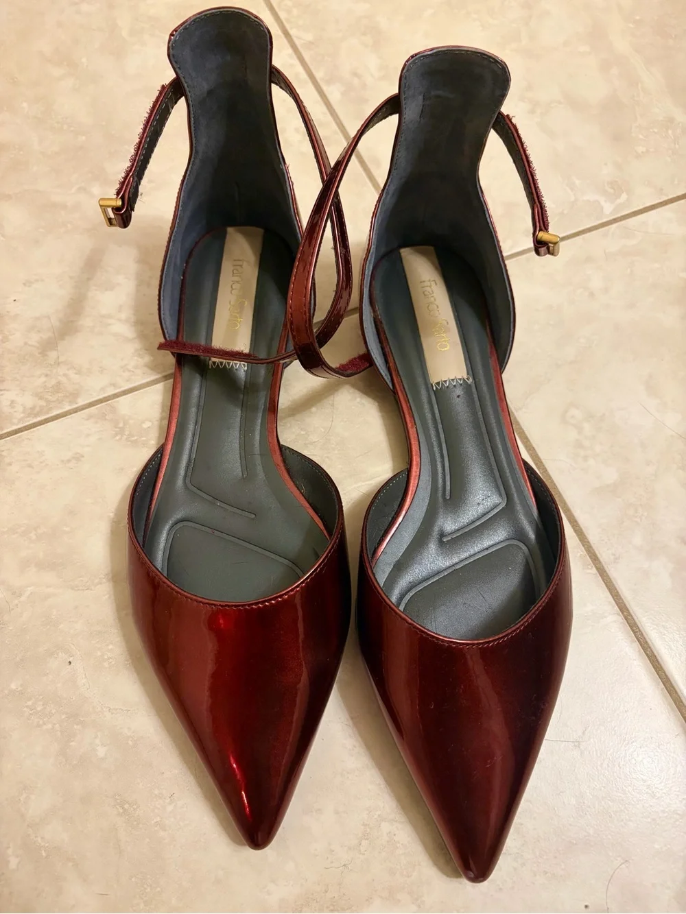 Franco Sarto Metallic Burgundy Pointed Ankle-Strap Heels